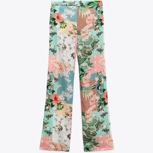 ZARA Satin Patchwork Print Wide Leg Front Pocket Trousers